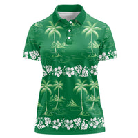 Green Hawaii Palm Tree Hibiscus Women Polo Shirt Fantasy Summer Vibe