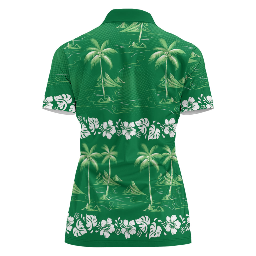 Green Hawaii Palm Tree Hibiscus Women Polo Shirt Fantasy Summer Vibe