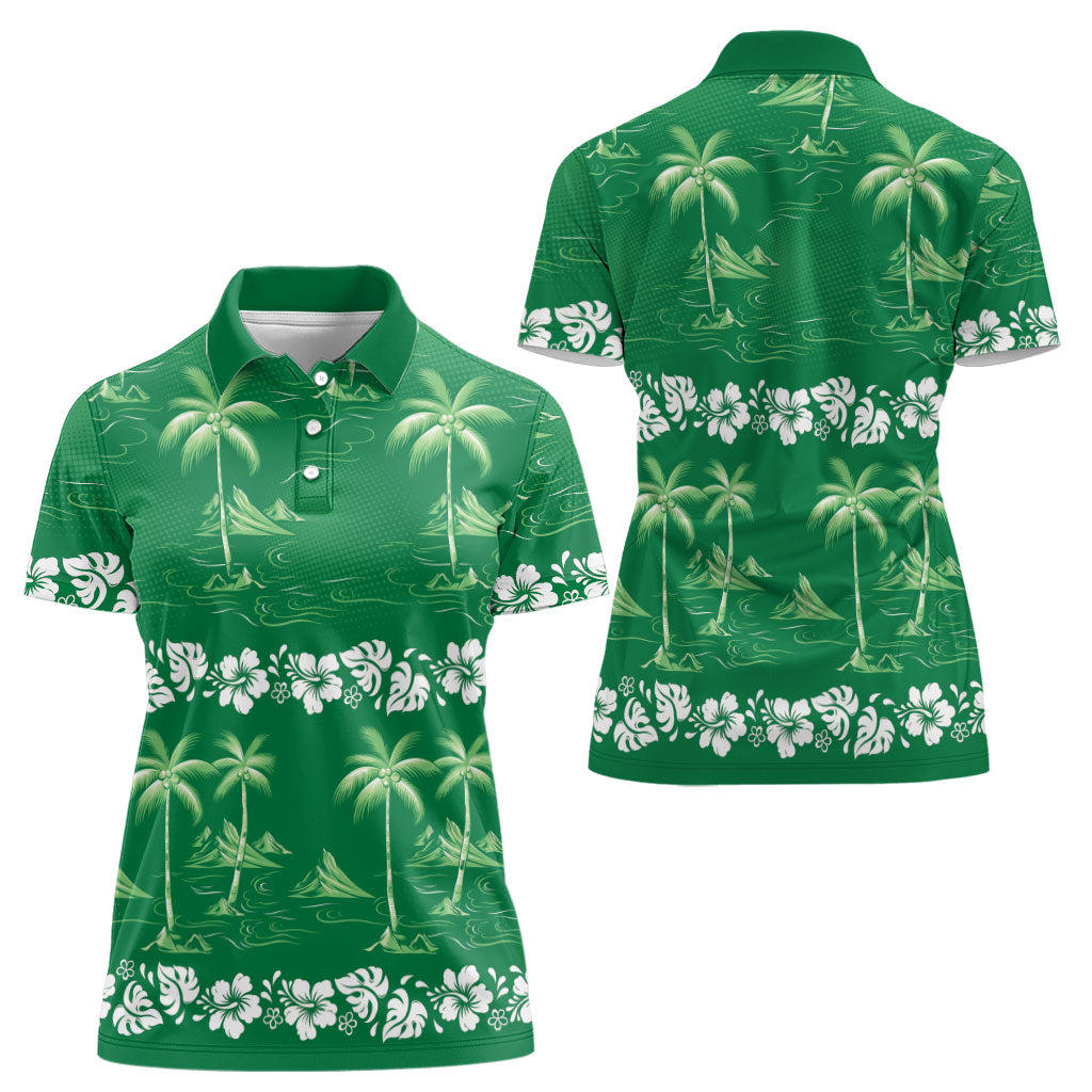 Green Hawaii Palm Tree Hibiscus Women Polo Shirt Fantasy Summer Vibe