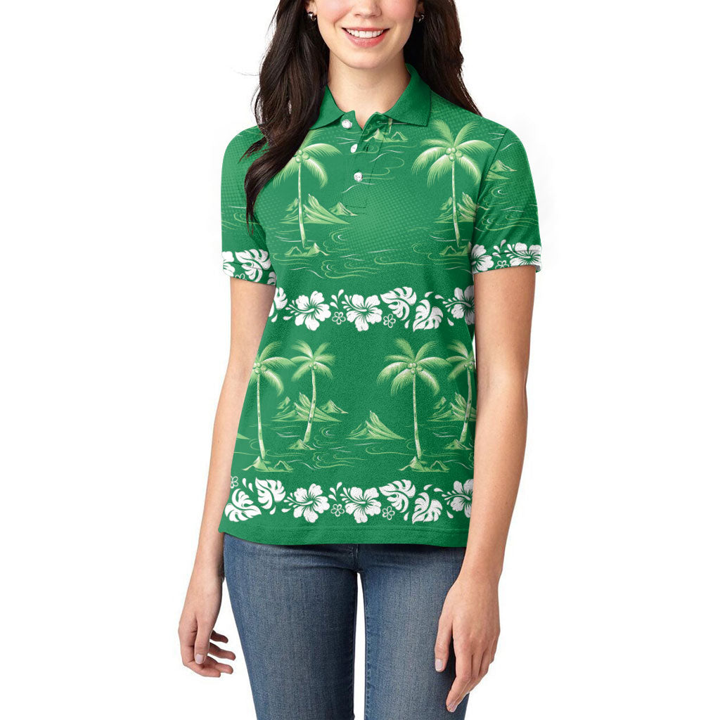 Green Hawaii Palm Tree Hibiscus Women Polo Shirt Fantasy Summer Vibe