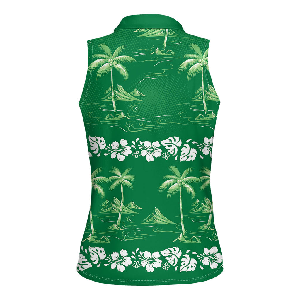 Green Hawaii Palm Tree Hibiscus Women Sleeveless Polo Shirt Fantasy Summer Vibe
