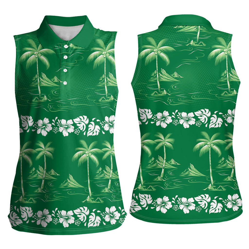 Green Hawaii Palm Tree Hibiscus Women Sleeveless Polo Shirt Fantasy Summer Vibe