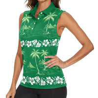 Green Hawaii Palm Tree Hibiscus Women Sleeveless Polo Shirt Fantasy Summer Vibe