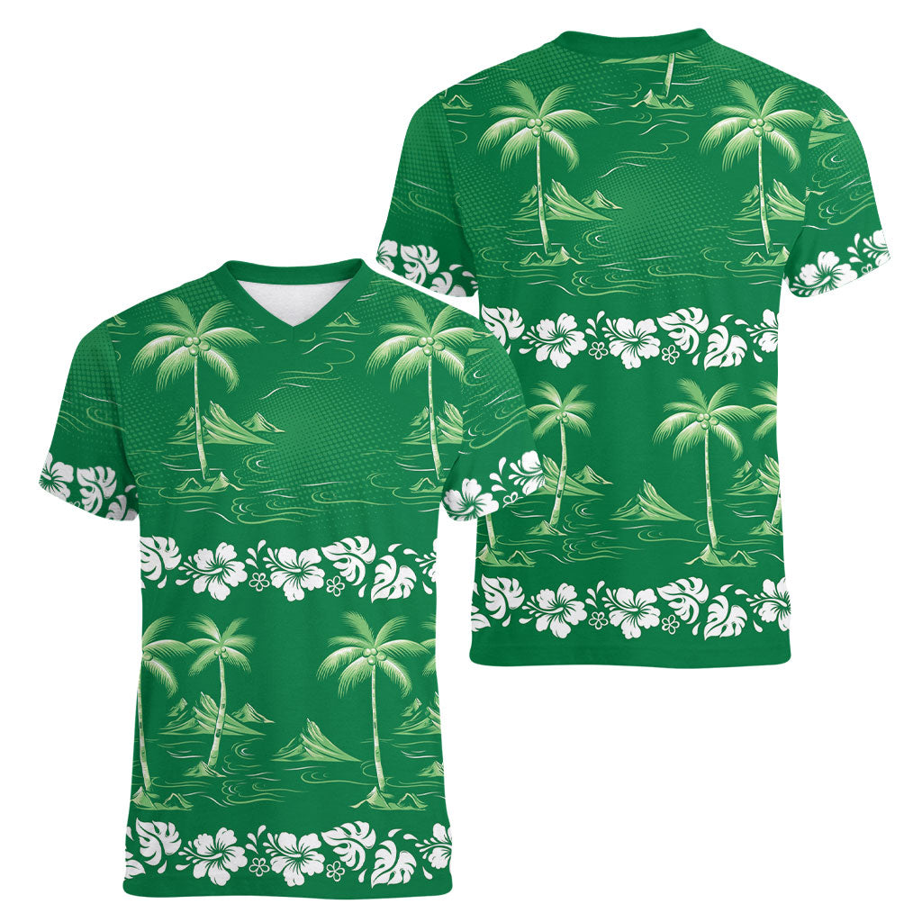 Green Hawaii Palm Tree Hibiscus Women V-Neck T-Shirt Fantasy Summer Vibe