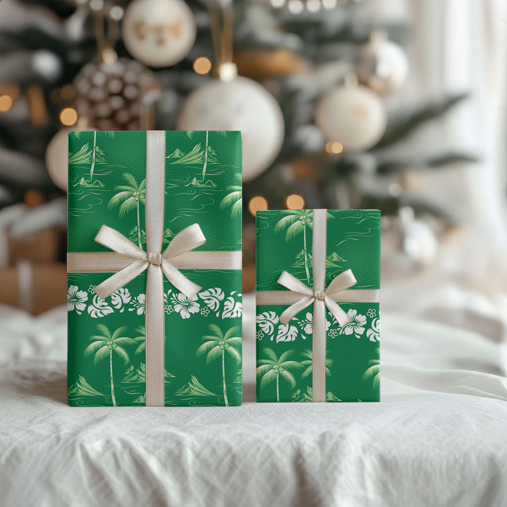 Green Hawaii Palm Tree Hibiscus Wrapping Paper Fantasy Summer Vibe