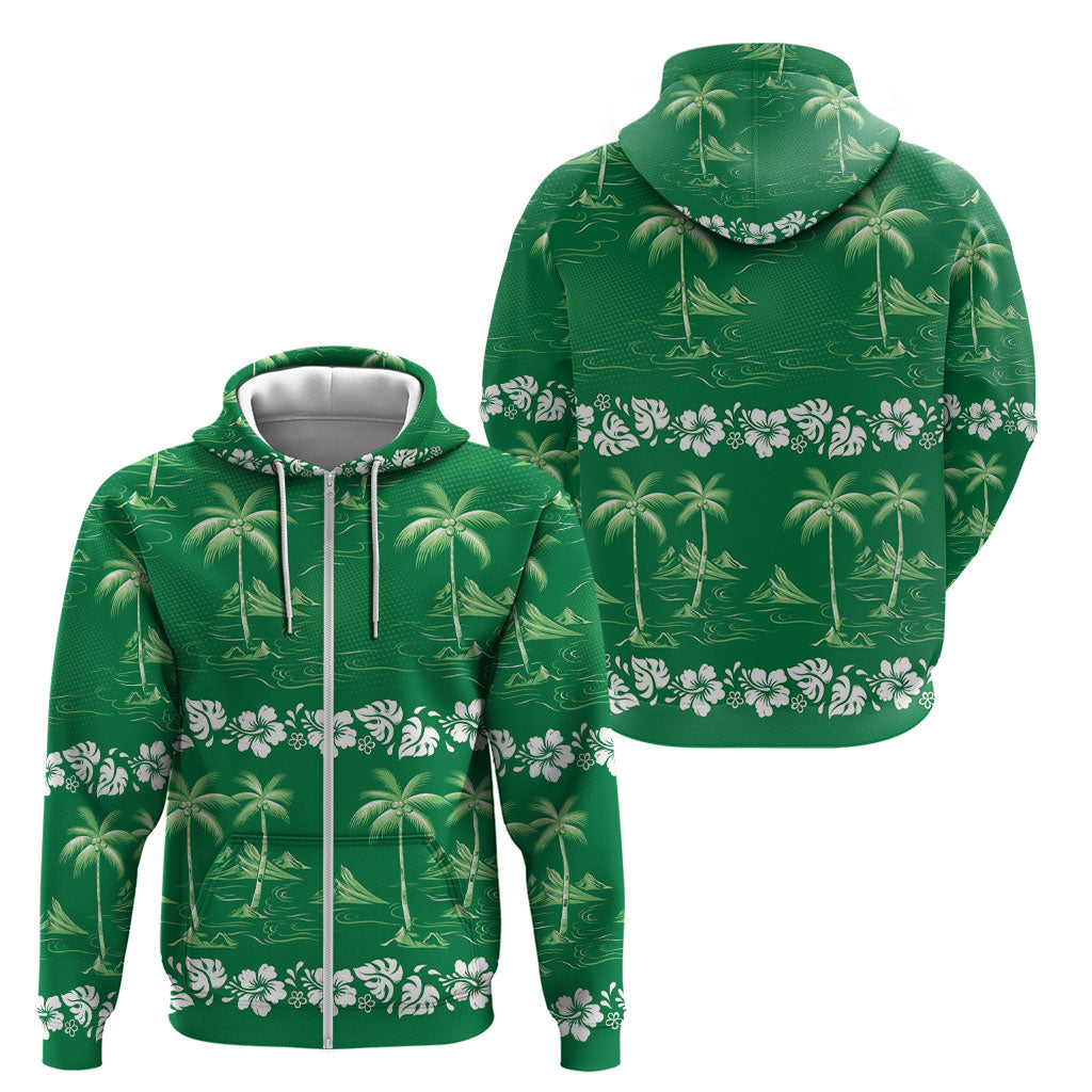 Green Hawaii Palm Tree Hibiscus Zip Hoodie Fantasy Summer Vibe