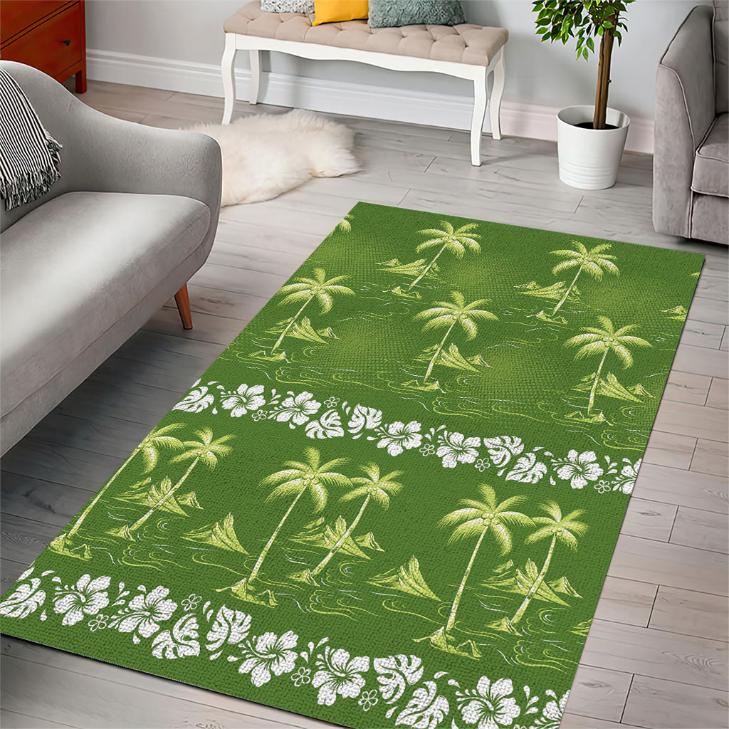 Olive Green Hawaii Palm Tree Hibiscus Area Rug Fantasy Summer Vibe