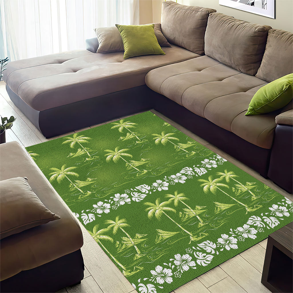 Olive Green Hawaii Palm Tree Hibiscus Area Rug Fantasy Summer Vibe