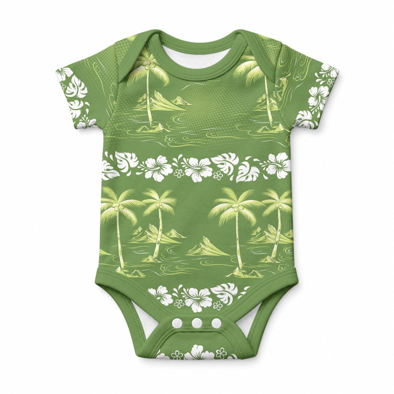 Olive Green Hawaii Palm Tree Hibiscus Baby Onesie Fantasy Summer Vibe