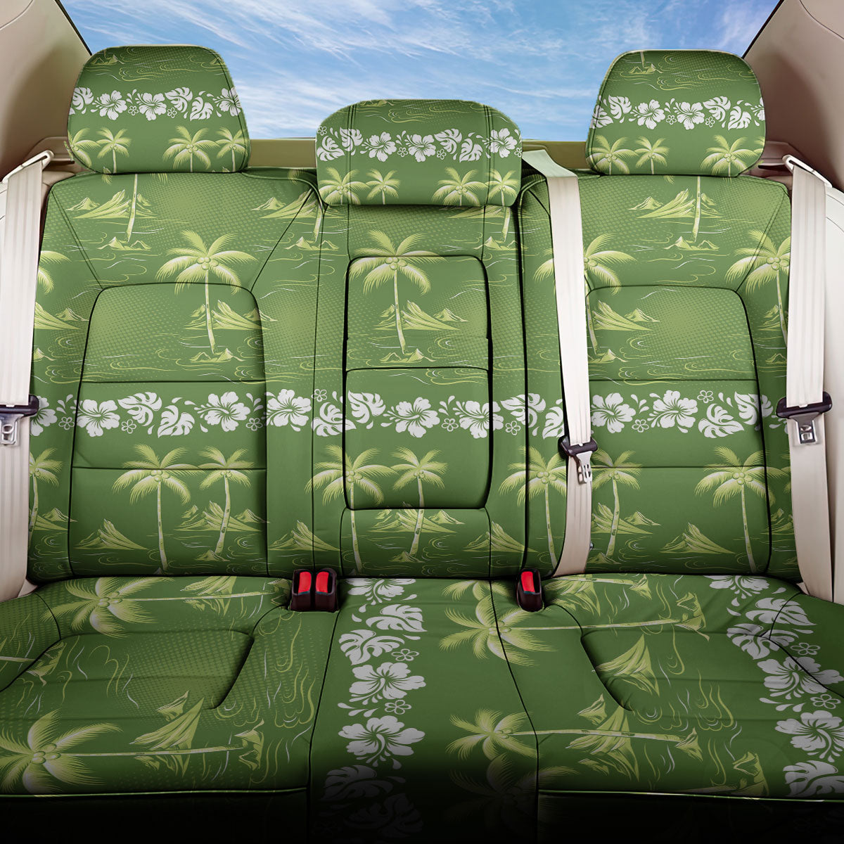 Olive Green Hawaii Palm Tree Hibiscus Back Car Seat Cover Fantasy Summer Vibe