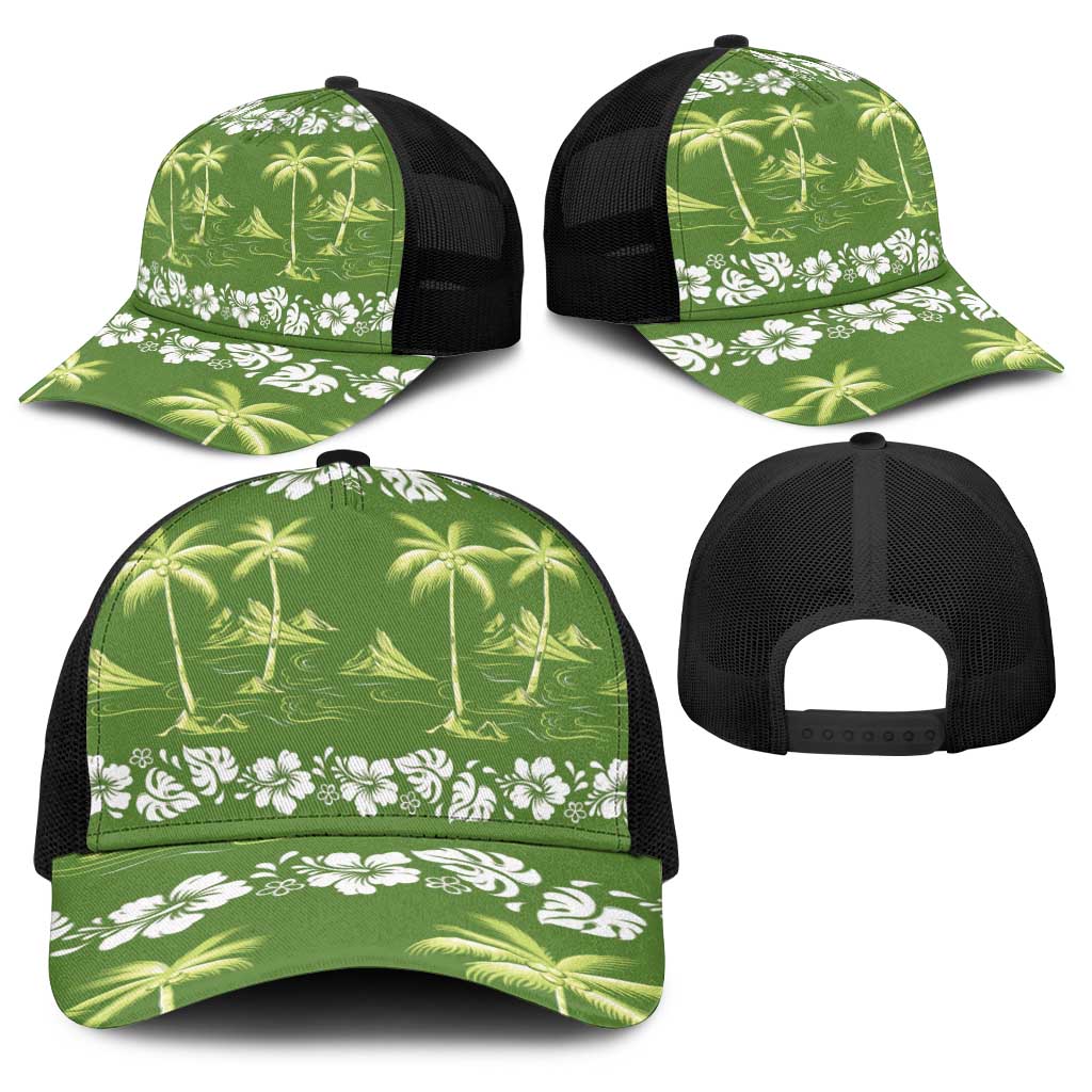 Olive Green Hawaii Palm Tree Hibiscus Baseball Net Cap Fantasy Summer Vibe