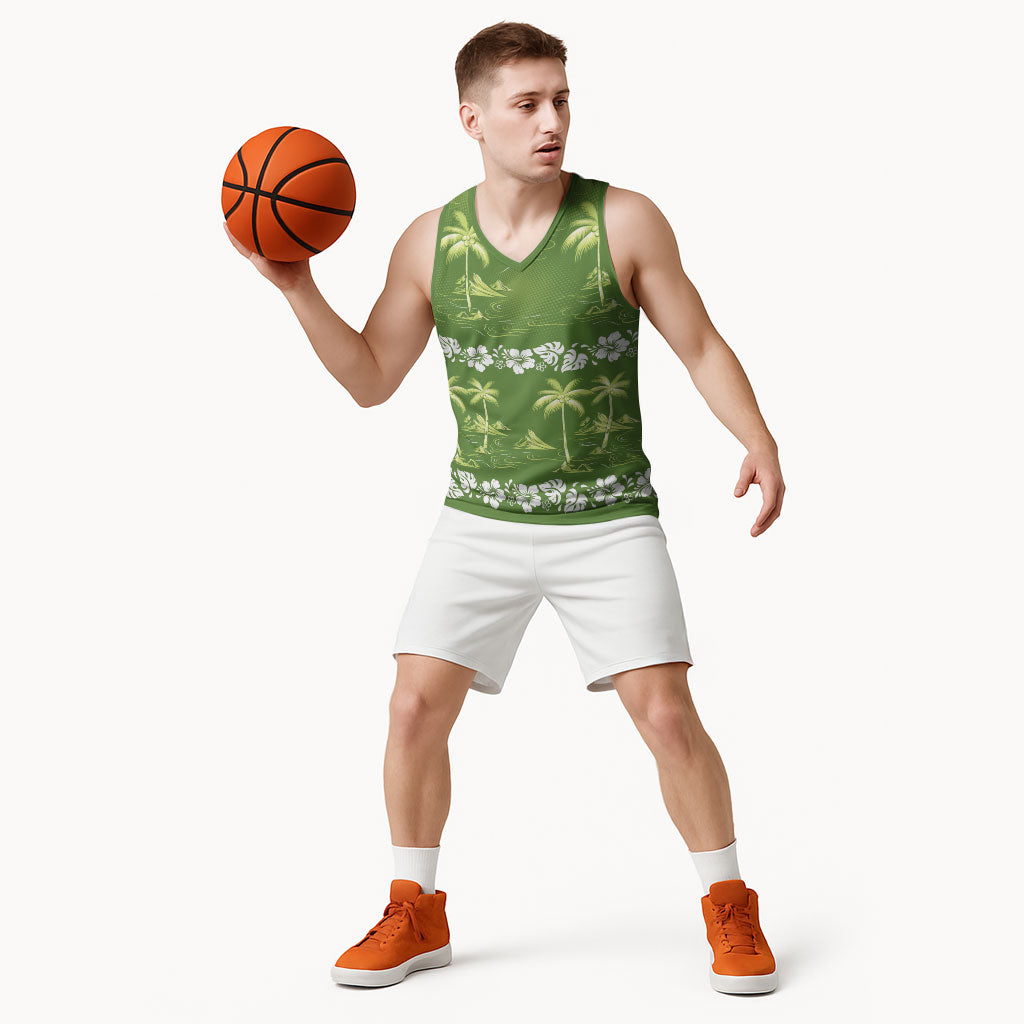 Olive Green Hawaii Palm Tree Hibiscus Basketball Jersey Fantasy Summer Vibe