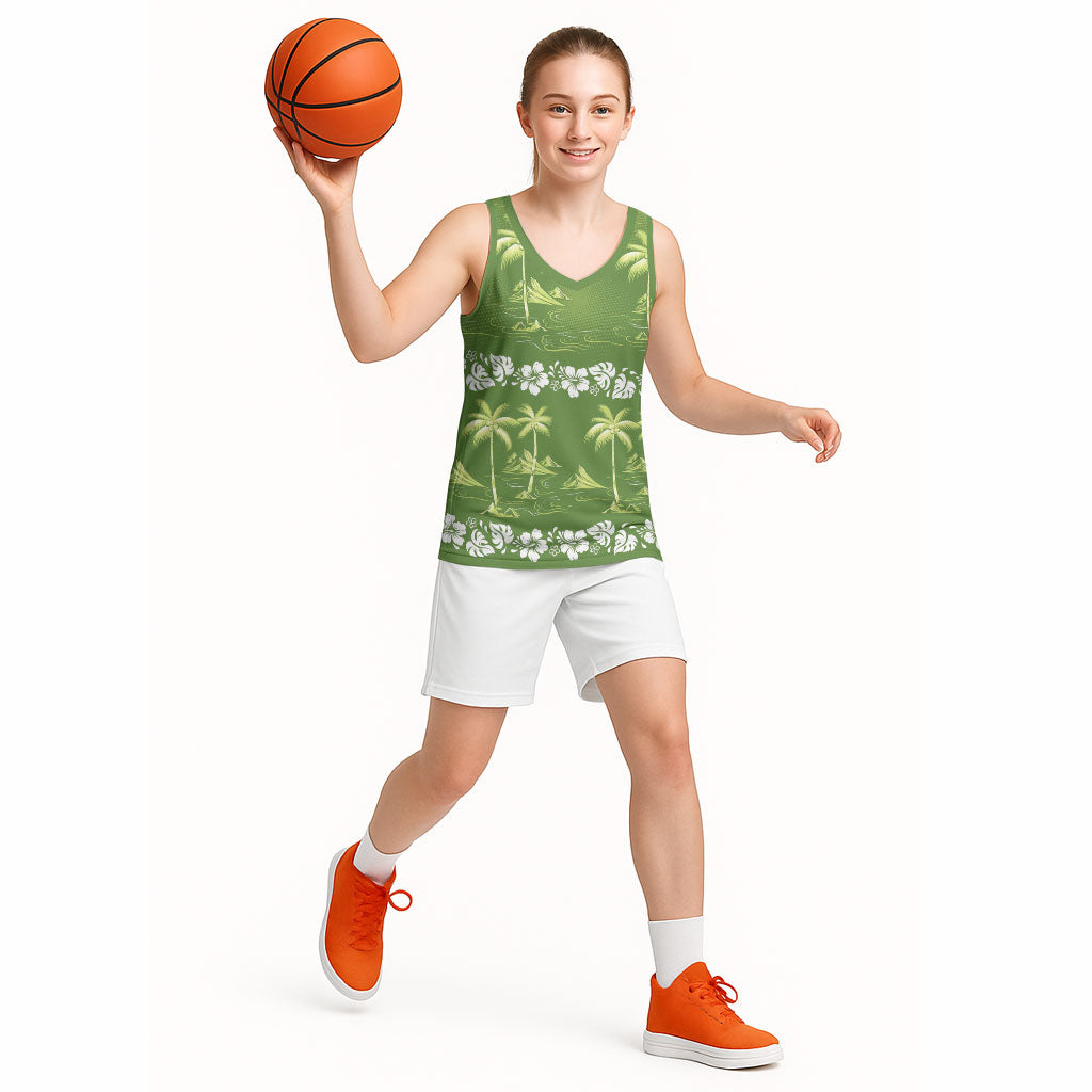 Olive Green Hawaii Palm Tree Hibiscus Basketball Jersey Fantasy Summer Vibe