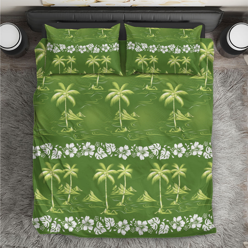 Olive Green Hawaii Palm Tree Hibiscus Bedding Set Fantasy Summer Vibe