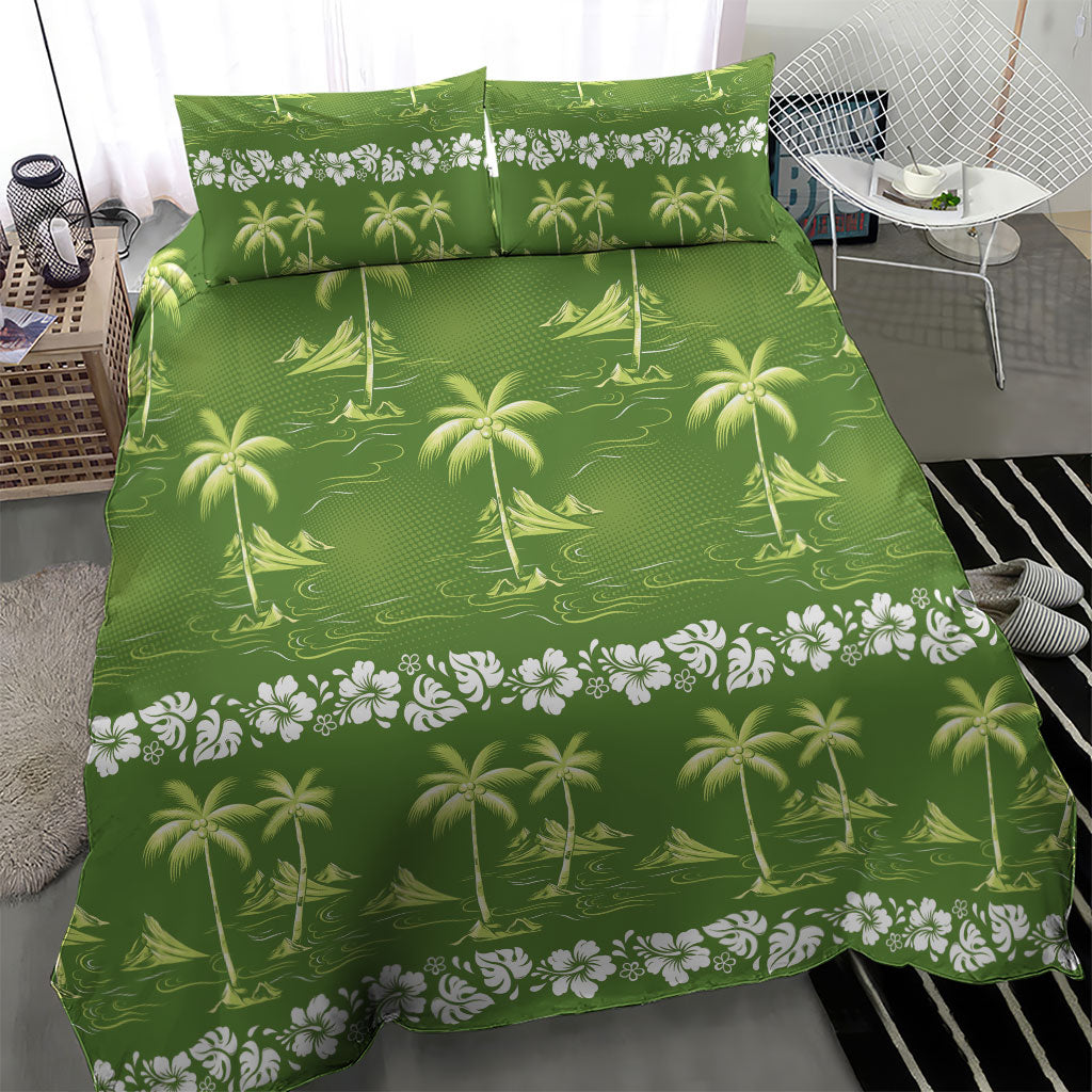 Olive Green Hawaii Palm Tree Hibiscus Bedding Set Fantasy Summer Vibe