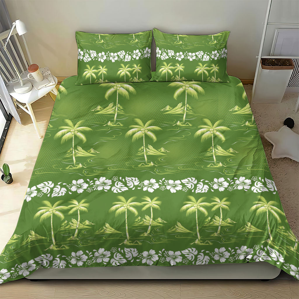 Olive Green Hawaii Palm Tree Hibiscus Bedding Set Fantasy Summer Vibe
