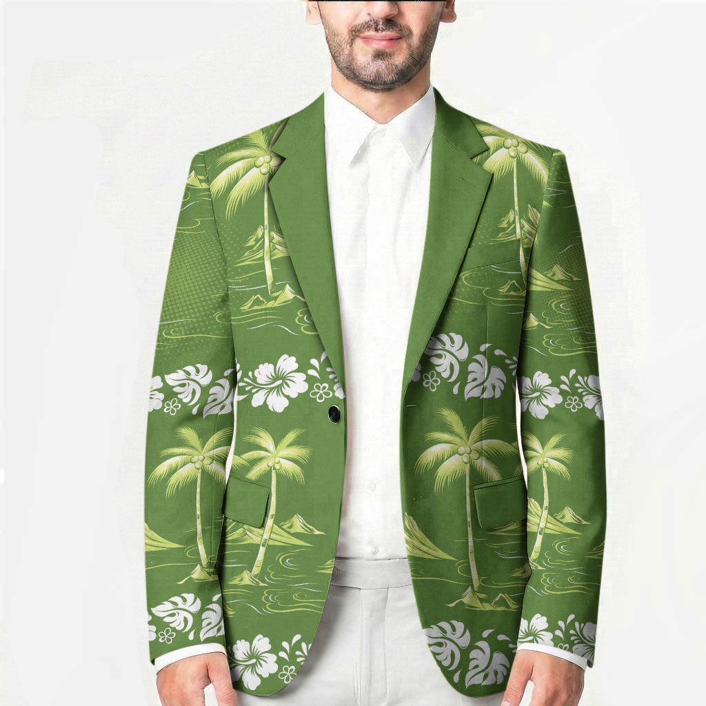 Olive Green Hawaii Palm Tree Hibiscus Blazer Fantasy Summer Vibe