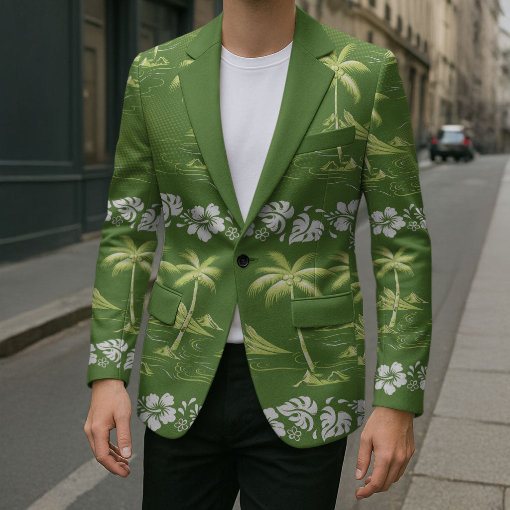 Olive Green Hawaii Palm Tree Hibiscus Blazer Fantasy Summer Vibe