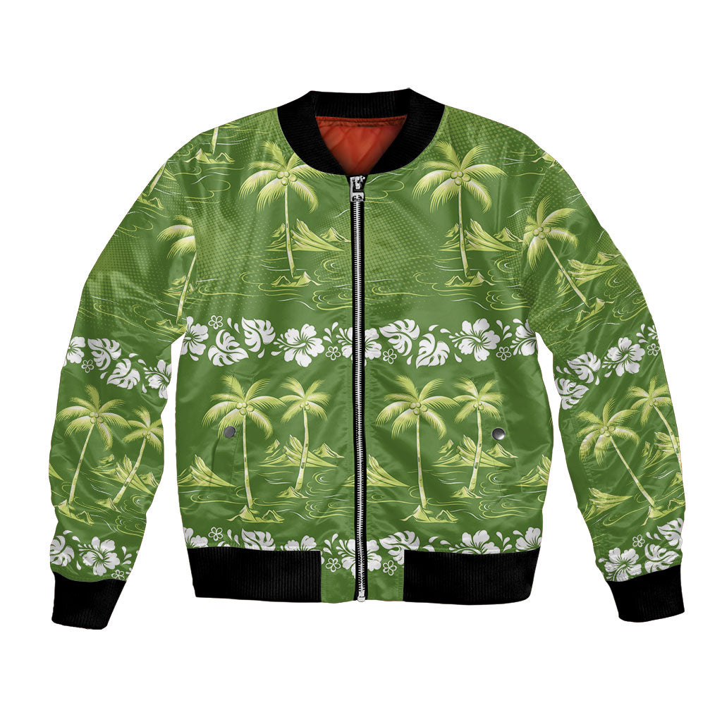 Olive Green Hawaii Palm Tree Hibiscus Bomber Jacket Fantasy Summer Vibe LT01 Unisex Olive - Polynesian Pride
