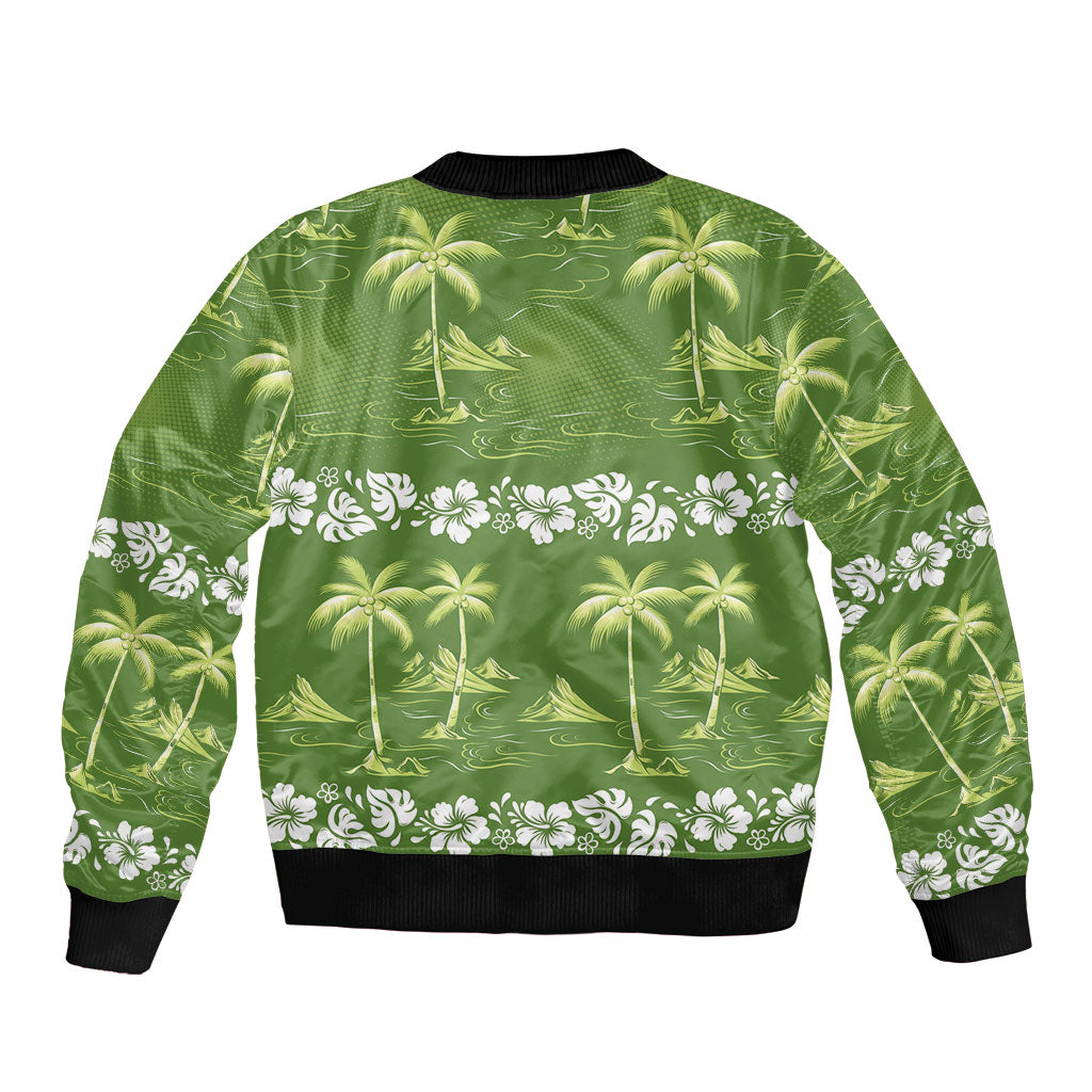 Olive Green Hawaii Palm Tree Hibiscus Bomber Jacket Fantasy Summer Vibe