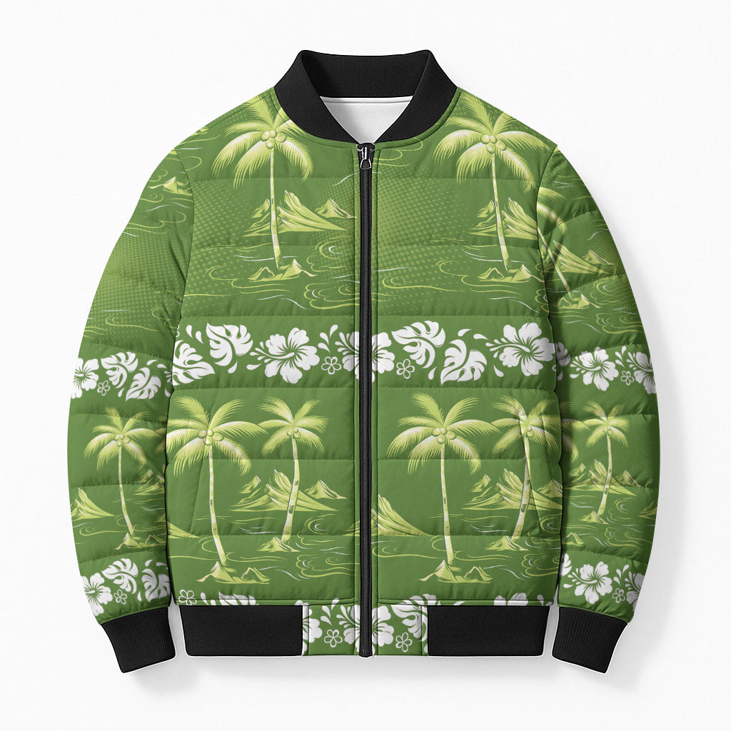 Olive Green Hawaii Palm Tree Hibiscus Bomber Puffer Jacket Fantasy Summer Vibe