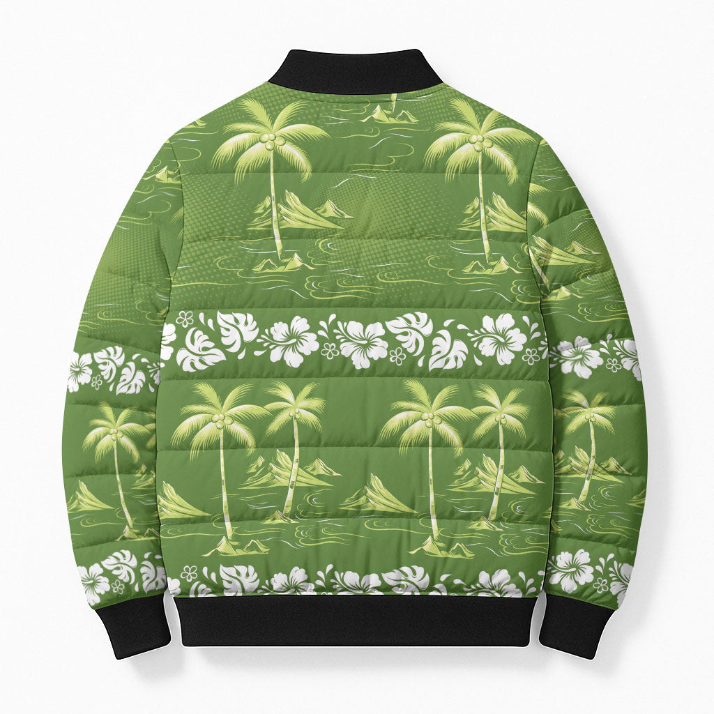 Olive Green Hawaii Palm Tree Hibiscus Bomber Puffer Jacket Fantasy Summer Vibe