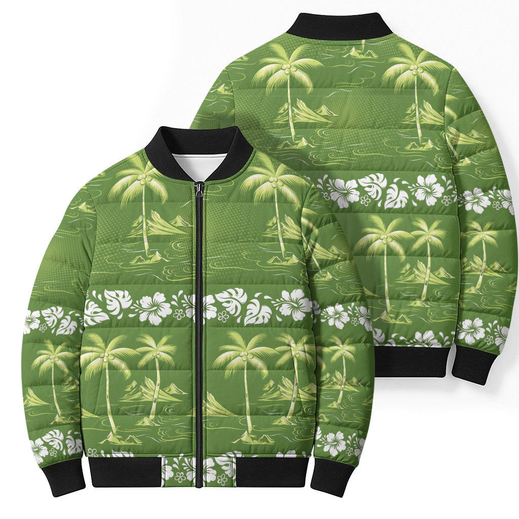 Olive Green Hawaii Palm Tree Hibiscus Bomber Puffer Jacket Fantasy Summer Vibe
