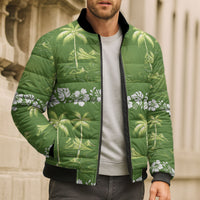 Olive Green Hawaii Palm Tree Hibiscus Bomber Puffer Jacket Fantasy Summer Vibe