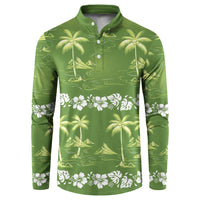 Olive Green Hawaii Palm Tree Hibiscus Button Sweatshirt Fantasy Summer Vibe