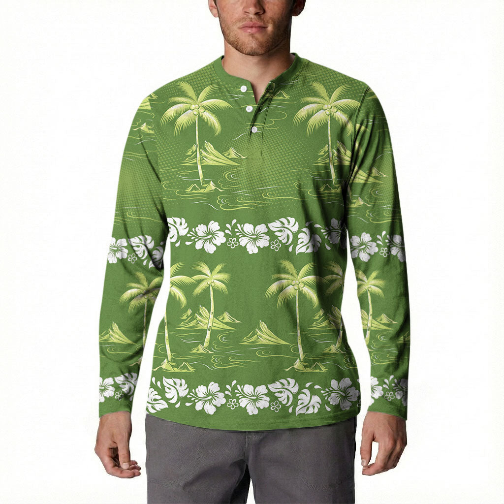 Olive Green Hawaii Palm Tree Hibiscus Button Sweatshirt Fantasy Summer Vibe