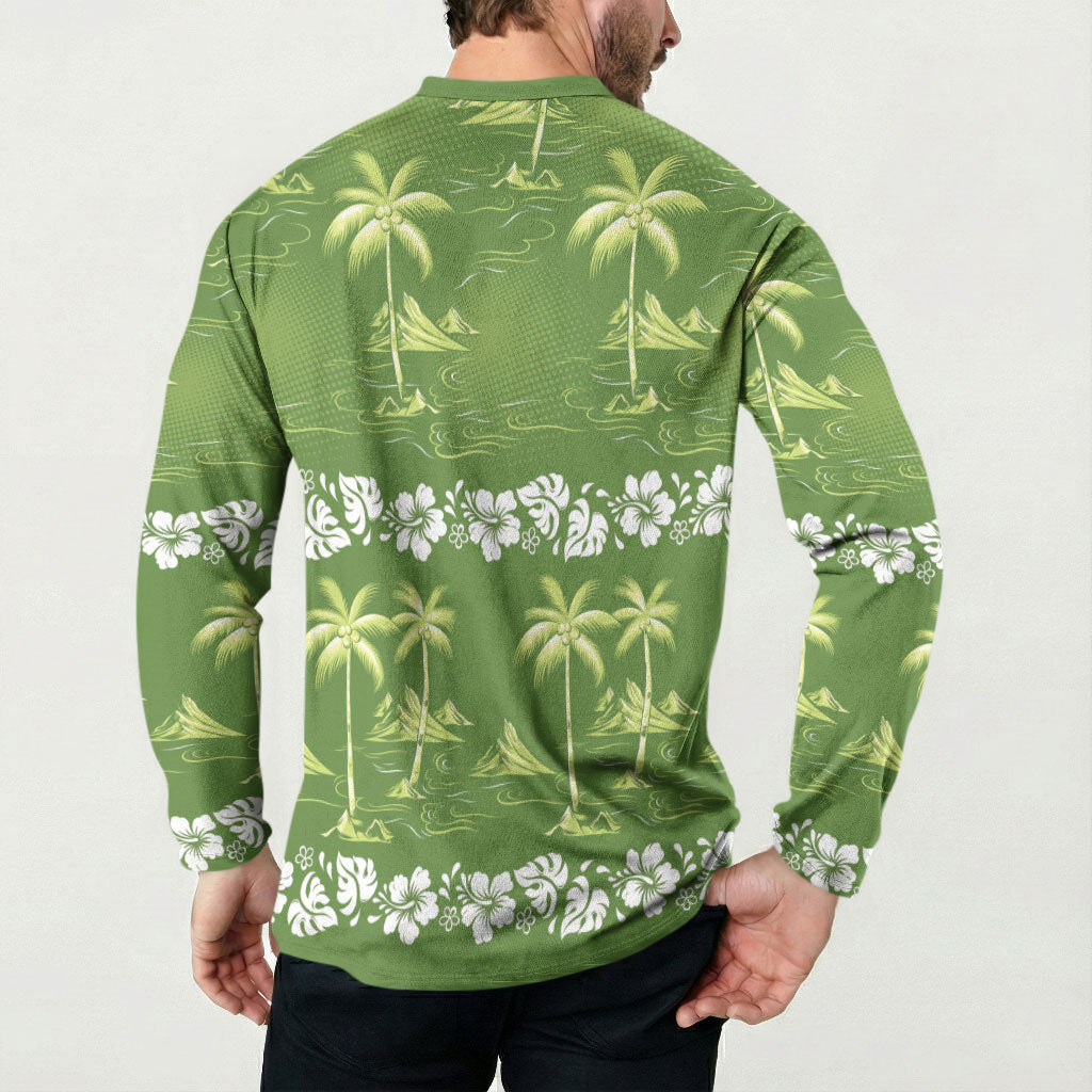 Olive Green Hawaii Palm Tree Hibiscus Button Sweatshirt Fantasy Summer Vibe