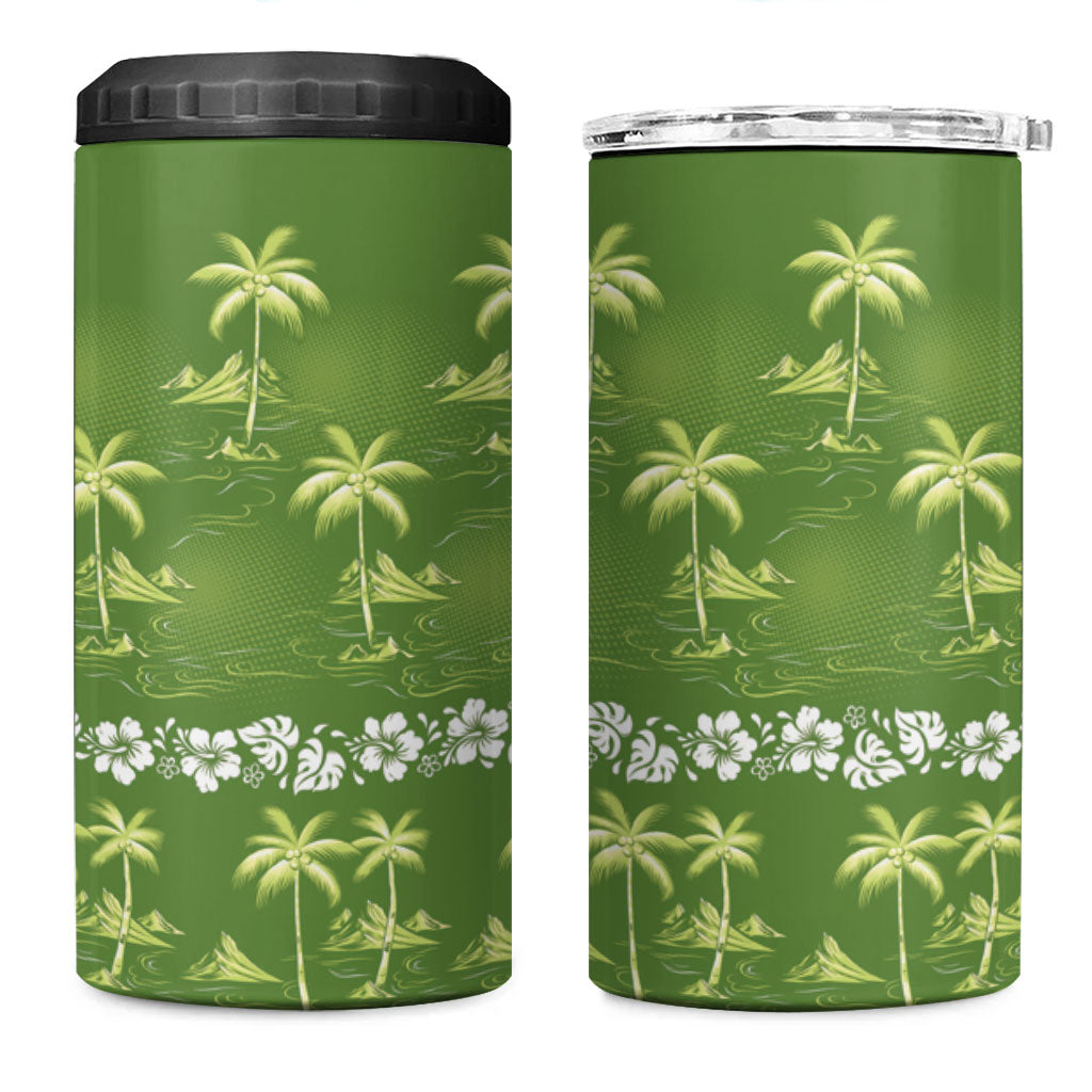 Olive Green Hawaii Palm Tree Hibiscus 4 in 1 Can Cooler Tumbler Fantasy Summer Vibe