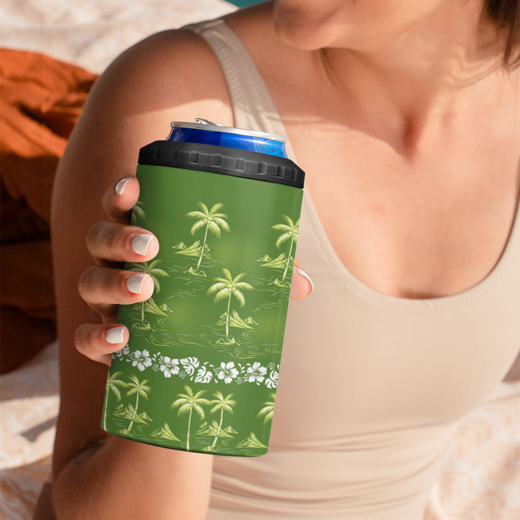 Olive Green Hawaii Palm Tree Hibiscus 4 in 1 Can Cooler Tumbler Fantasy Summer Vibe
