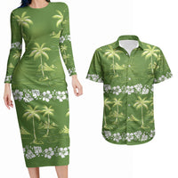 Olive Green Hawaii Palm Tree Hibiscus Couples Matching Long Sleeve Bodycon Dress and Hawaiian Shirt Fantasy Summer Vibe