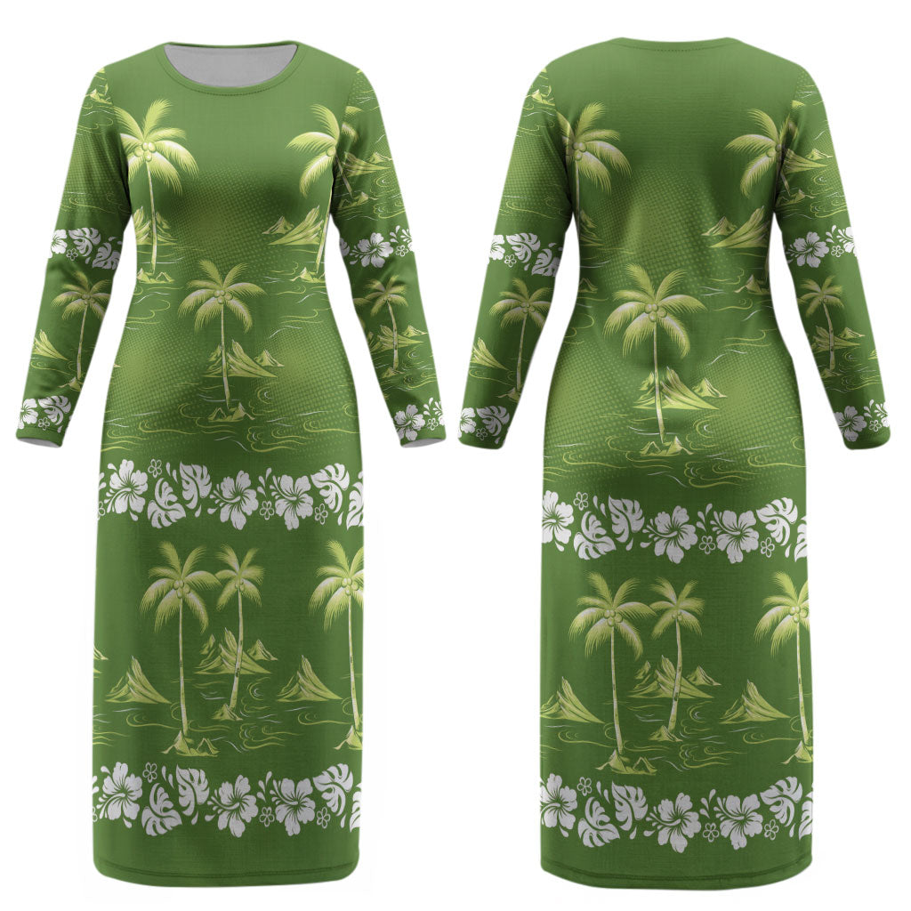Olive Green Hawaii Palm Tree Hibiscus Couples Matching Long Sleeve Bodycon Dress and Hawaiian Shirt Fantasy Summer Vibe
