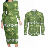 Olive Green Hawaii Palm Tree Hibiscus Couples Matching Long Sleeve Bodycon Dress and Long Sleeve Button Shirt Fantasy Summer Vibe
