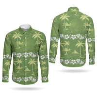 Olive Green Hawaii Palm Tree Hibiscus Couples Matching Long Sleeve Bodycon Dress and Long Sleeve Button Shirt Fantasy Summer Vibe