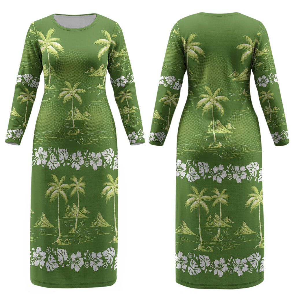 Olive Green Hawaii Palm Tree Hibiscus Couples Matching Long Sleeve Bodycon Dress and Long Sleeve Button Shirt Fantasy Summer Vibe