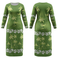 Olive Green Hawaii Palm Tree Hibiscus Couples Matching Long Sleeve Bodycon Dress and Long Sleeve Button Shirt Fantasy Summer Vibe