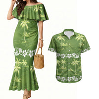 Olive Green Hawaii Palm Tree Hibiscus Couples Matching Mermaid Dress and Hawaiian Shirt Fantasy Summer Vibe