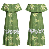 Olive Green Hawaii Palm Tree Hibiscus Couples Matching Off Shoulder Maxi Dress and Hawaiian Shirt Fantasy Summer Vibe