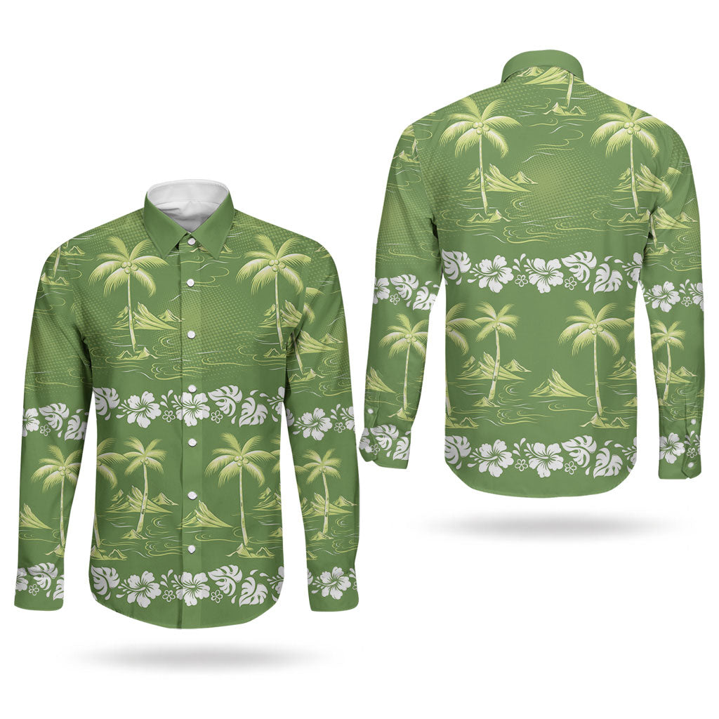 Olive Green Hawaii Palm Tree Hibiscus Couples Matching Off Shoulder Maxi Dress and Long Sleeve Button Shirt Fantasy Summer Vibe
