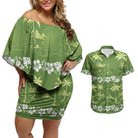 Olive Green Hawaii Palm Tree Hibiscus Couples Matching Off Shoulder Short Dress and Hawaiian Shirt Fantasy Summer Vibe