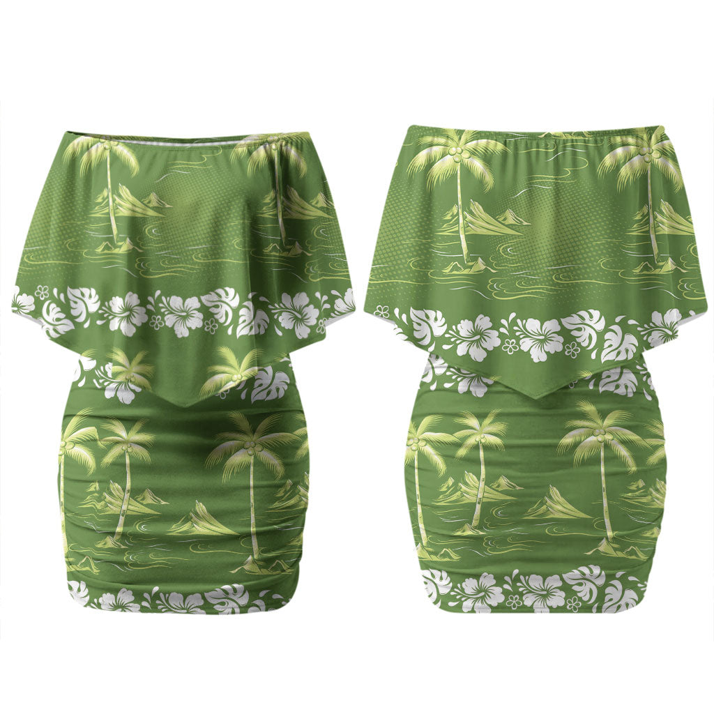 Olive Green Hawaii Palm Tree Hibiscus Couples Matching Off Shoulder Short Dress and Hawaiian Shirt Fantasy Summer Vibe