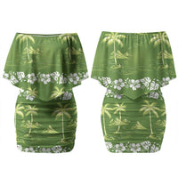 Olive Green Hawaii Palm Tree Hibiscus Couples Matching Off Shoulder Short Dress and Hawaiian Shirt Fantasy Summer Vibe