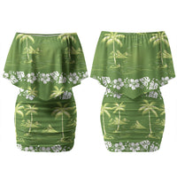 Olive Green Hawaii Palm Tree Hibiscus Couples Matching Off Shoulder Short Dress and Long Sleeve Button Shirt Fantasy Summer Vibe