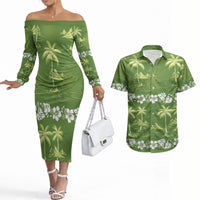 Olive Green Hawaii Palm Tree Hibiscus Couples Matching Off The Shoulder Long Sleeve Dress and Hawaiian Shirt Fantasy Summer Vibe