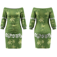 Olive Green Hawaii Palm Tree Hibiscus Couples Matching Off The Shoulder Long Sleeve Dress and Hawaiian Shirt Fantasy Summer Vibe