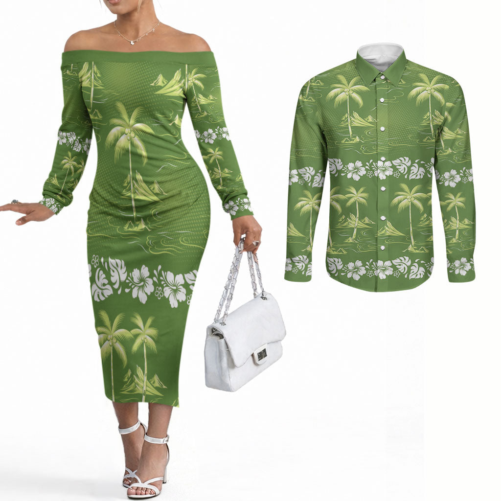 Olive Green Hawaii Palm Tree Hibiscus Couples Matching Off The Shoulder Long Sleeve Dress and Long Sleeve Button Shirt Fantasy Summer Vibe