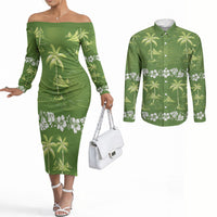 Olive Green Hawaii Palm Tree Hibiscus Couples Matching Off The Shoulder Long Sleeve Dress and Long Sleeve Button Shirt Fantasy Summer Vibe